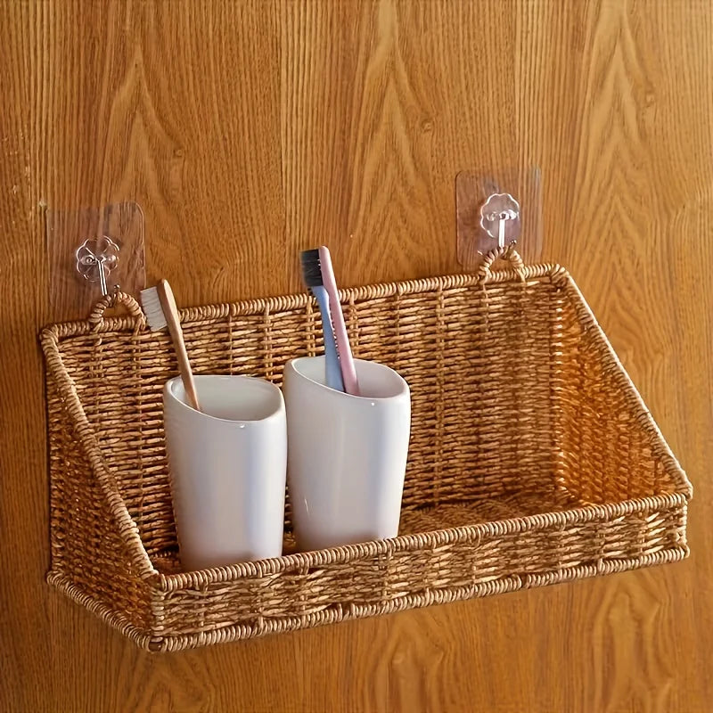 1pc Rustic Wall-Mounted Basket with Hooks - Woven Rattan Storage Hamper Suitable for Bathroom, Kitchen, Bedroom & Living Room