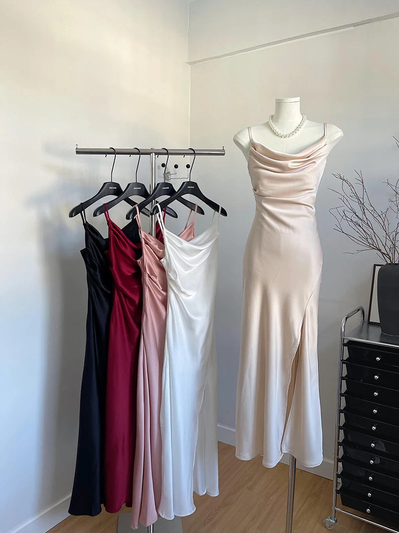 Women's Sexy Swinging Collar Satin Strap Long Dress Lady Summer Solid Color Slim Pleated Wasit Split Party Dress