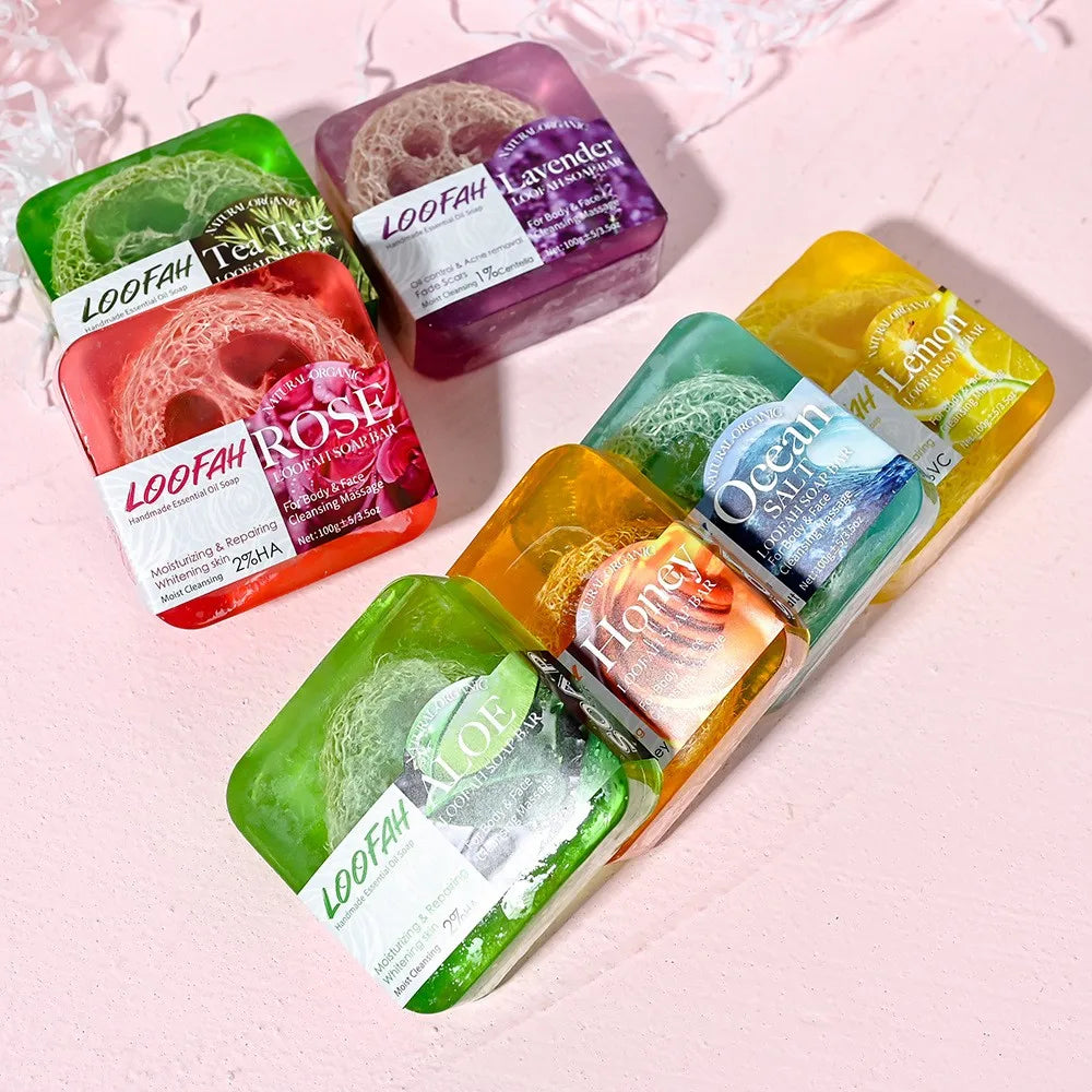 100g Organic Lavender Oil Loofah Soap Natural Lemon Whitening Face Body Wash Bar Loofah Soap