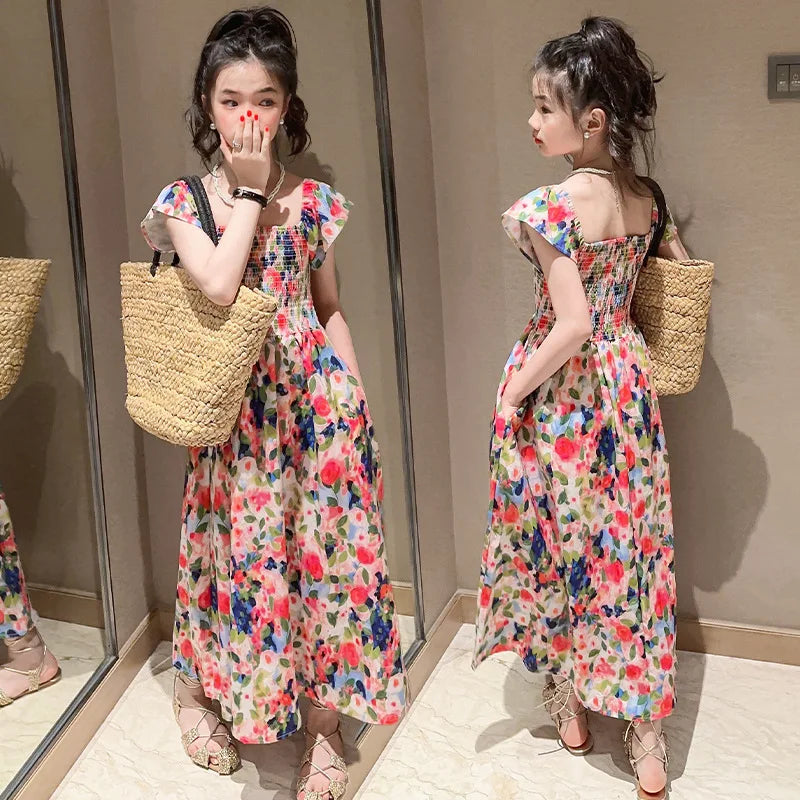Girls floral dress summer dress children's summer thin princess dress older children girls skirt