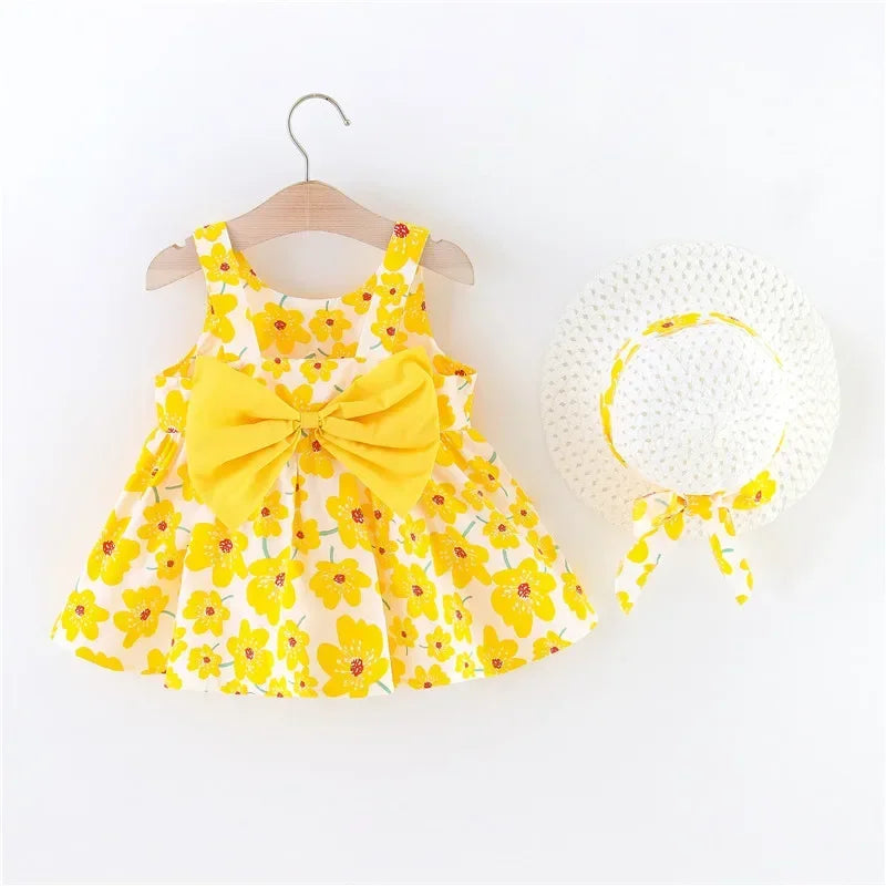Beach Party Baby Girl Flower Dress Summer New Sweet Bow Children'S Clothing+Hat (9 Months -3 Years Old)