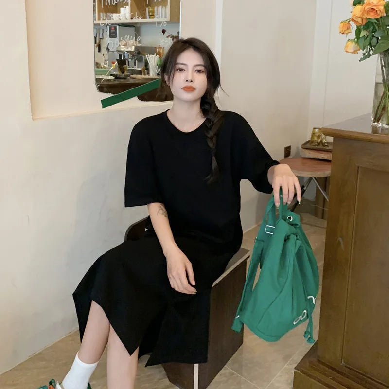 Women's Summer Plus Size Casual Dress 2026 New Loose Solid Color Knee Length Split Hem T Shirt Dress