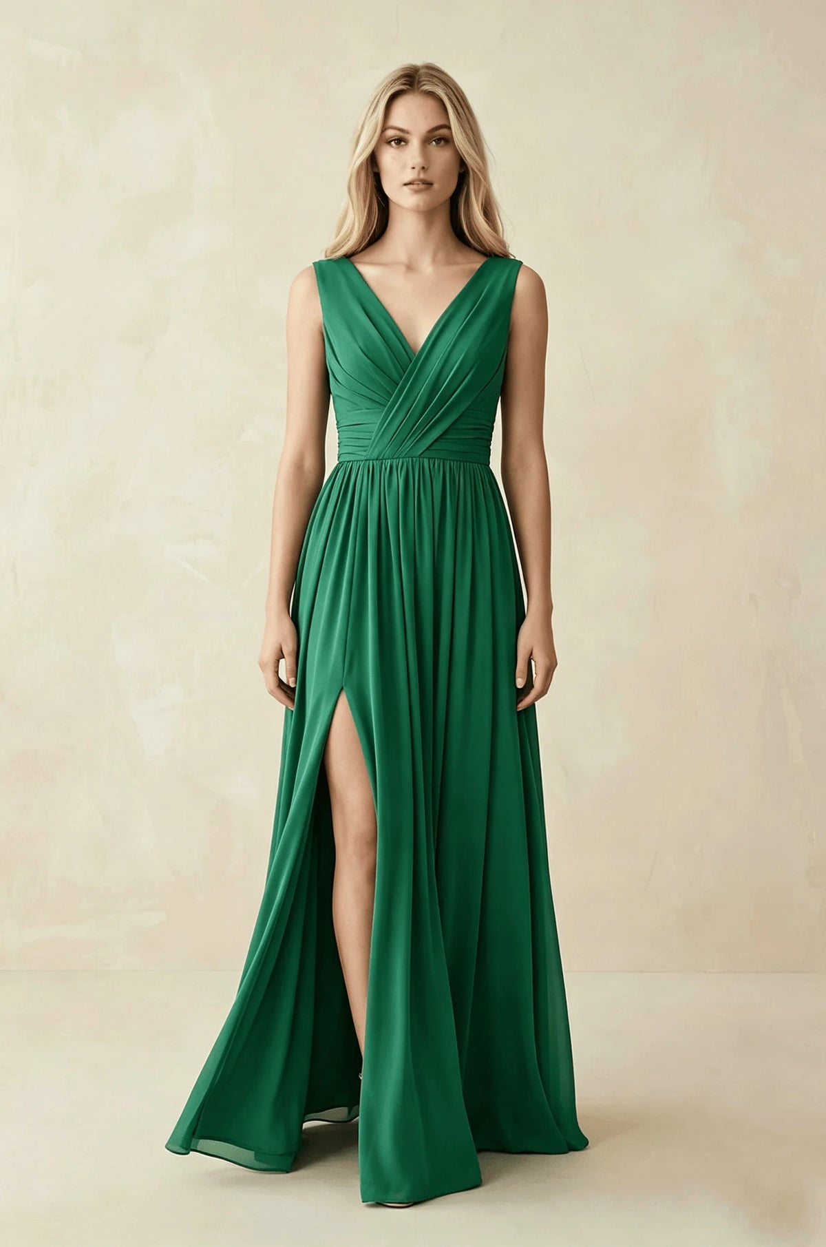 Sleeveless Deep V Neck Chiffon Formal Dress Ruched Empire Waist Front Split A‑Line Floor‑Length Bridesmaid Party Prom Dresses