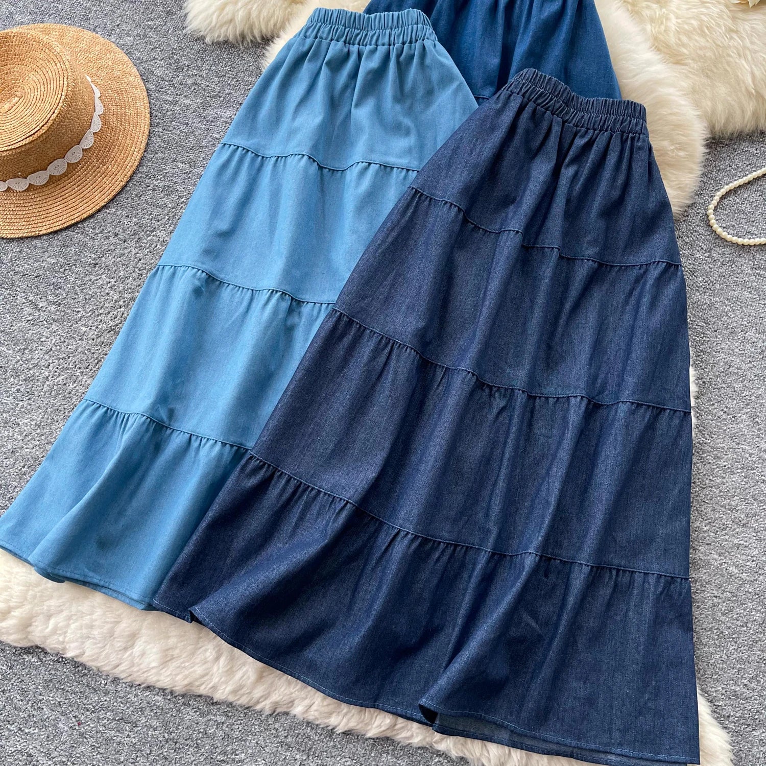 Korean Style A-Line  Skirt Women's Summer Slimming Elastic Waist Denim Patchwork Skirts City Commute Universal Long Skirts