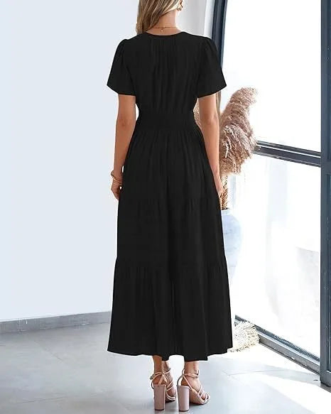 Summer Solid Color V-neck Tight Waist Dress French Style Elegant Pleated Large Swing Long Dress Casual Vacation Style Slimming M