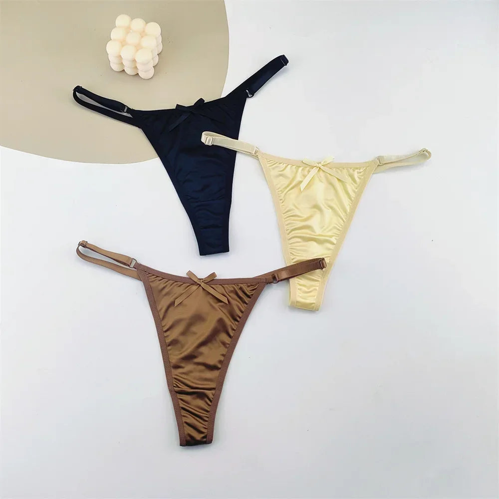 3PCS Women's Adjustable Satin G-String Thong Panties - Low-Rise Bow