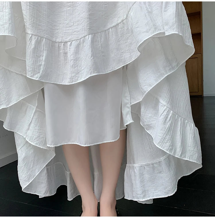 White Tiered Ruffle Hem Skirt 2025 - High Waist Flowy A-Line Maxi Skirt, Summer Chiffon Layered Skirt with Pleats