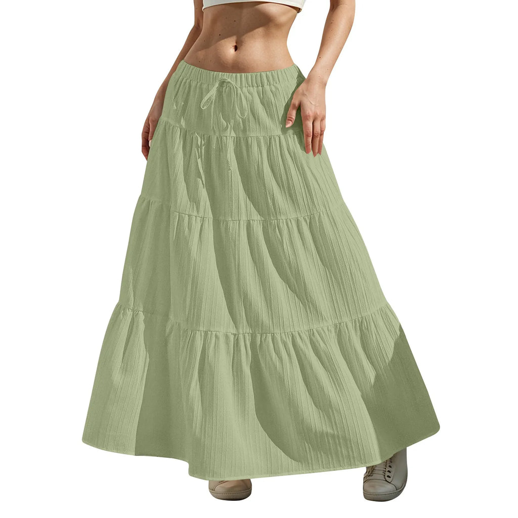 Women's Flared Ruffle Hem Maxi Skirt Fashion Women Solid Long Skirts Elastic Waist Elegant Long Skirt Spring Summer Cake Dress