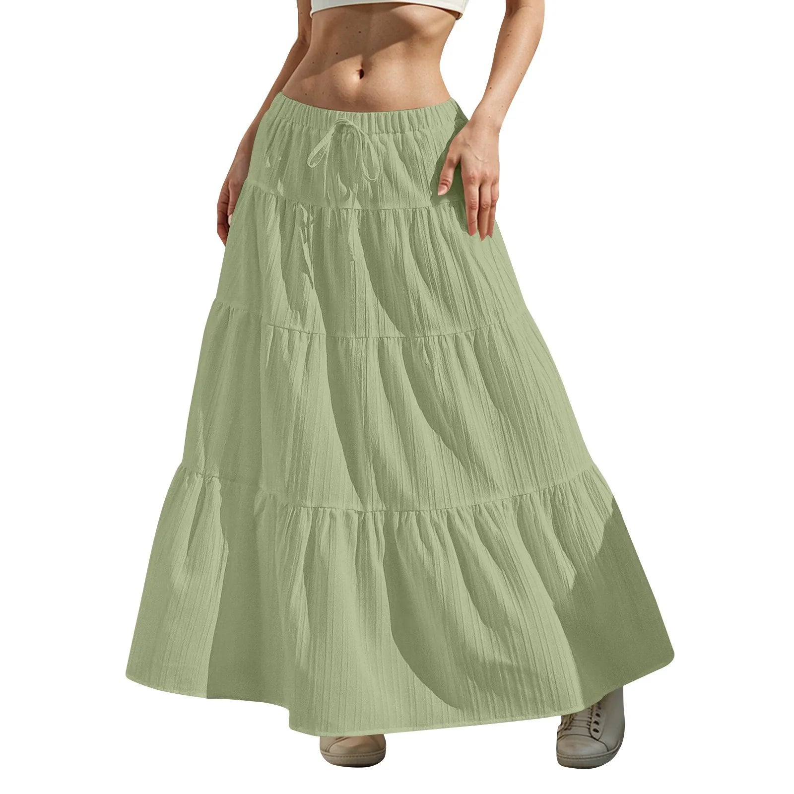 Women's Flared Ruffle Hem Maxi Skirt Fashion Women Solid Long Skirts Elastic Waist Elegant Long Skirt Spring Summer Cake Dress
