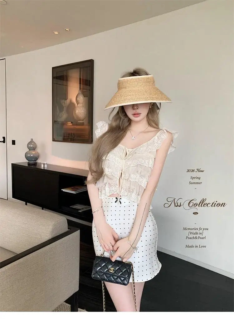 Korean Style Short Lace Halter Top Women's Summer New Design Pure Desire  Leaf  Spicy Girl Commute Loose Fit Casual