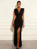 Women Surplice V Neck Sleeveless Maxi Dress Ruffle Split High Waist Bodycon Evening Formal Gown