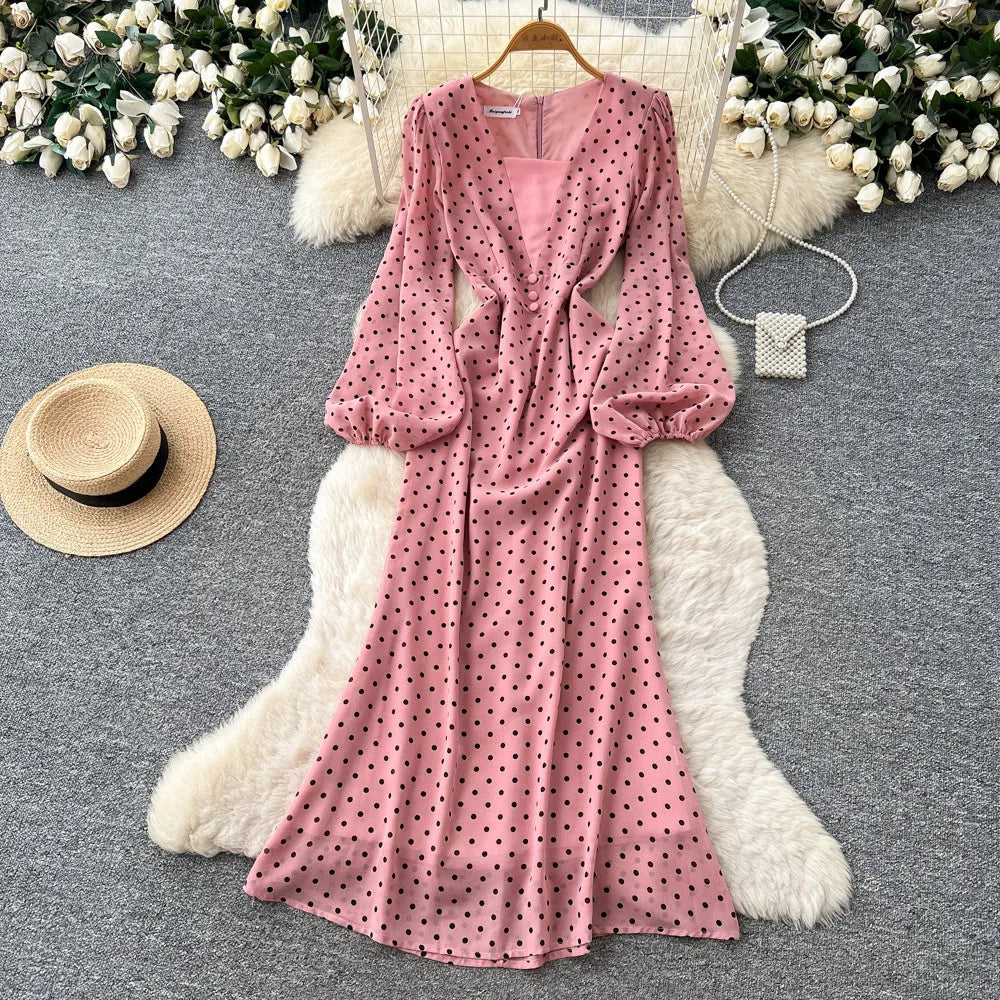 Long Dress Women Dresses Print Dot Vestidos Y2k Streetwear V Neck Lantern Sleeve Tight Waist Elegant Party Work 2026 Summer