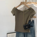 Pink Shoulder Bared Short Sleeve T Shirt Women's Summer New Style Ageless Lady Pure Desire Spicy Girl Top Simple Backless Design