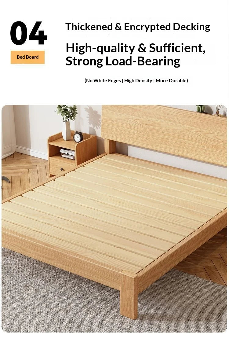 Japandi Beech Solid Wood Bed With Headboard, Japanese Log Low Bed Frame, Single Double Platform Bed For Small Bedroom Furniture