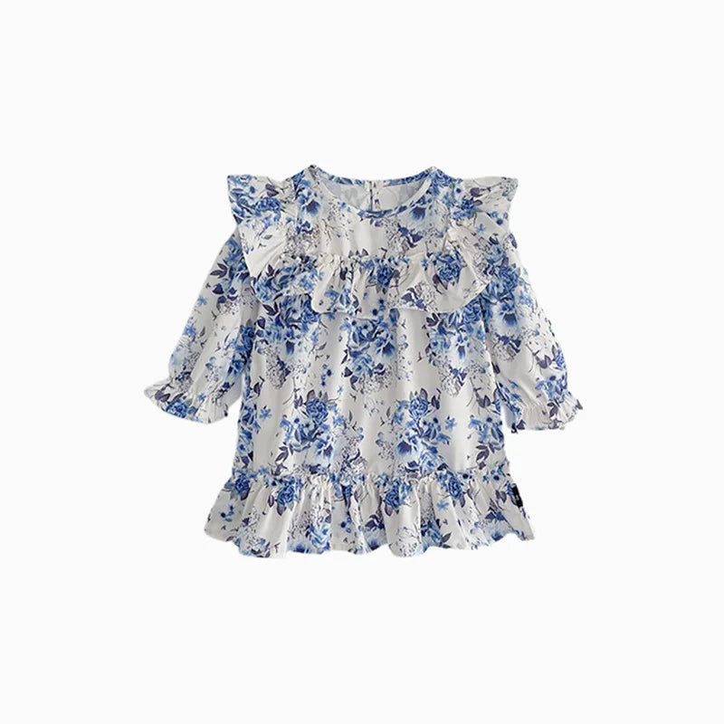 Children Girl Vintage Dress Spring Autumn Lace Turn Down Collar 2-8Y Princess Dress Fragment Flower Long Sleeve Baby Girls Dress