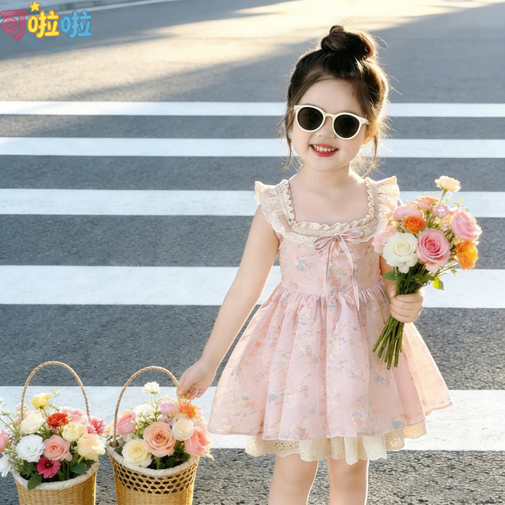 Girls' New Summer Korean Style Floral Print Sweet Princess Dress with Small Flutter Sleeves and Lace
