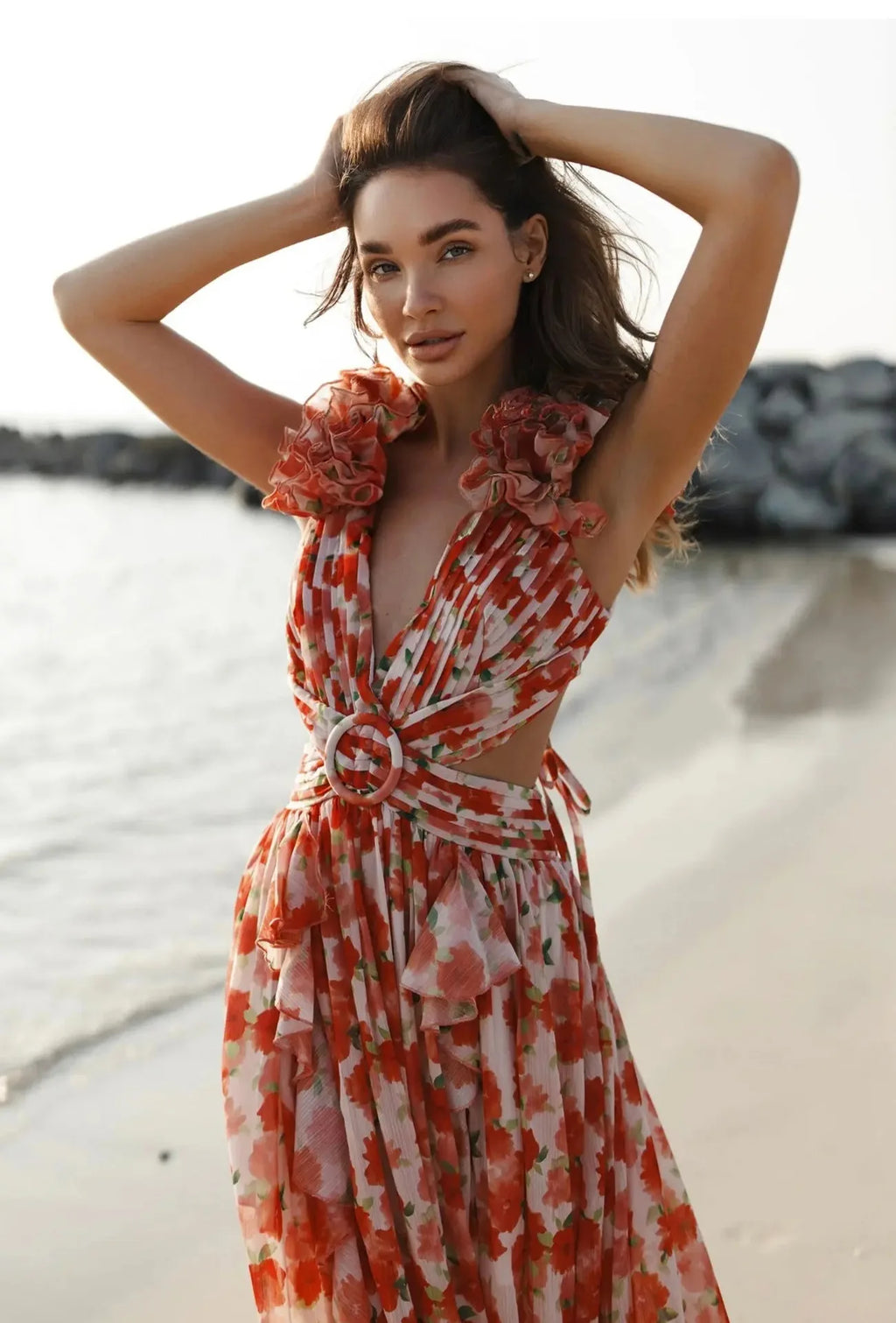 Floral Dress Women Spring Summer Deep V Neck Ruffle Hem Hollow Out Backless Maxi Dresses Bohemian Beach Sundress Outfit