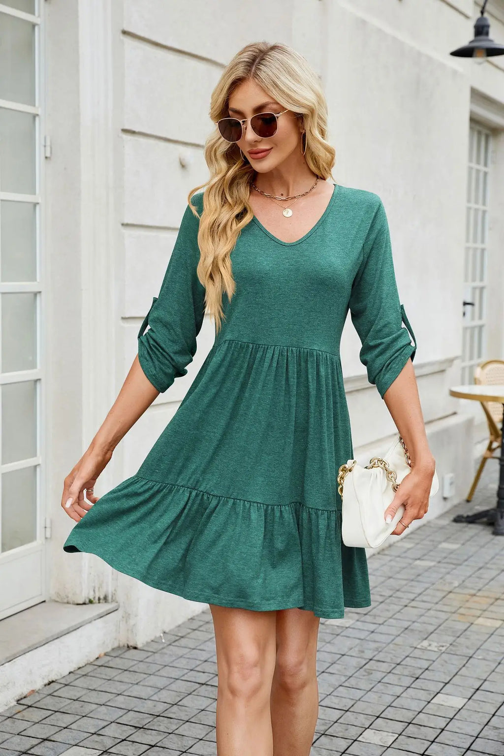 Women Spring Summer Loose 3/4 Sleeve V-Neck Ruched Ruffled Flowy Midi Dress EU US