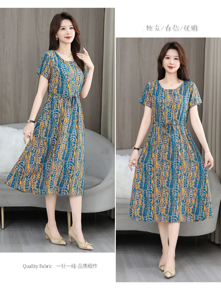New Elegant Floral Dress  Bohemian plus Size Women Summer Short Sleeve Clothing with Large Hem for Casual Occasions