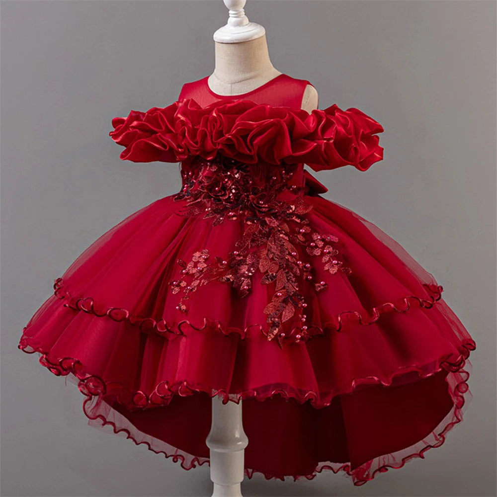Fashion Pink Flower Girl Party Dresses Wedding Birthday Tulle Princess Dress for Kids Graduation Pageant Bridesmaid Kids Costume