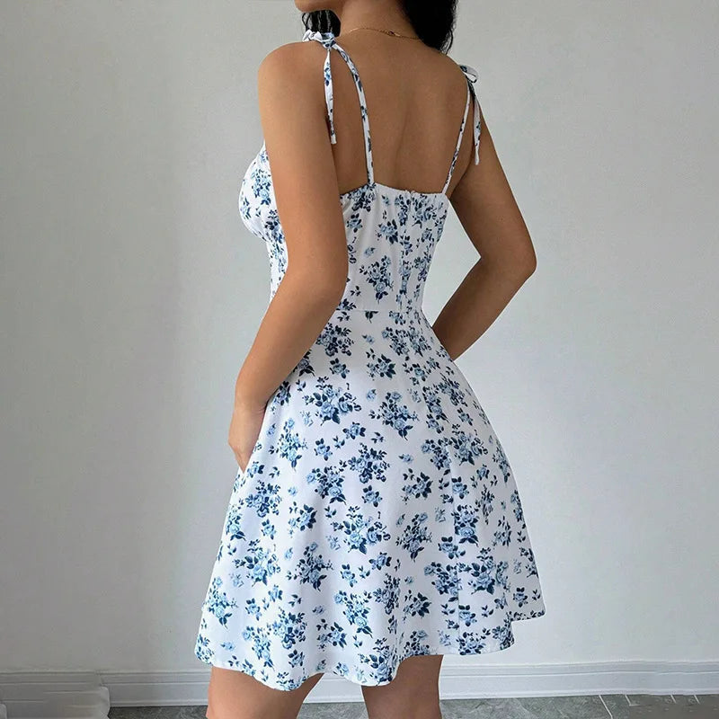 Women Sleeveless Cami Dress Floral Printed Tie Strap Square Neck Ruched Flowy Short Dress for Beach Vacation