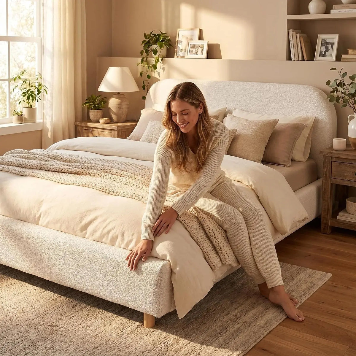 White Queen Size Boucle Bed Frame, Upholstered Cloud Beds Frames with Headboard, Soft Platform Bed Frame with, Customized