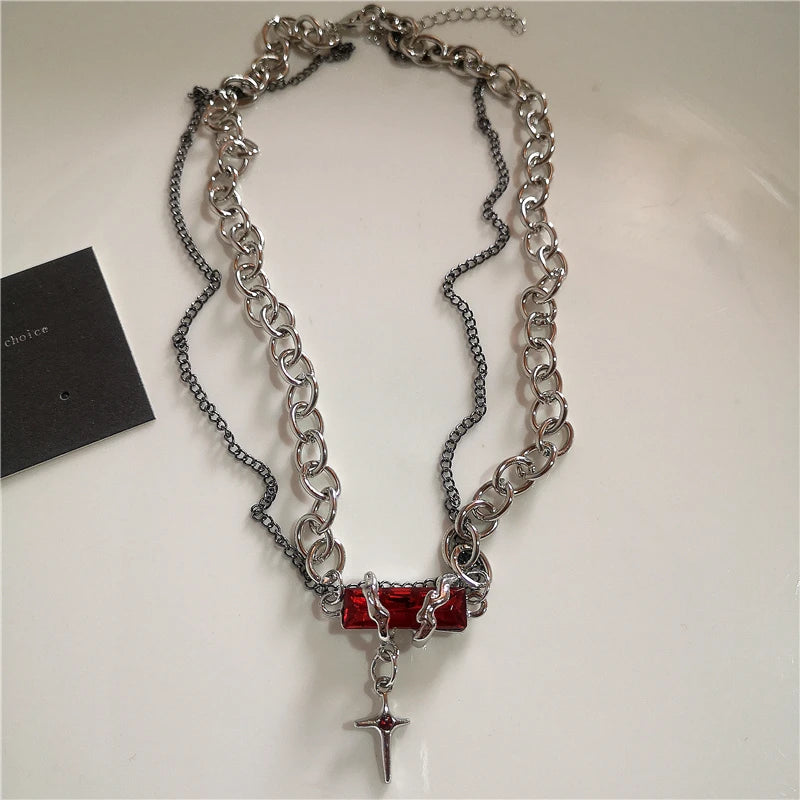 Gothic Red Cross Star Heart Pendent Necklace For Women'S Men Hip Hop Street Vintage Y2K Grunge Punk Y2K Aesthetic Jewelry Gifts