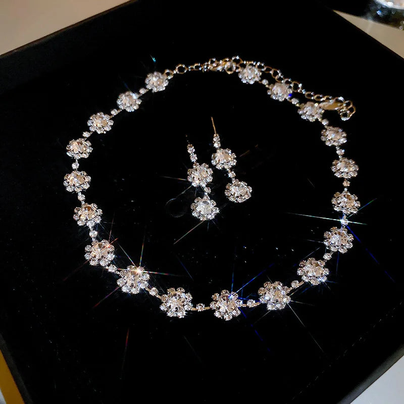 Elegant Rhinestone Pearl Jewelry Set Rectangular Earrings Necklace Two Piece Vintage Choker for Wedding Brides