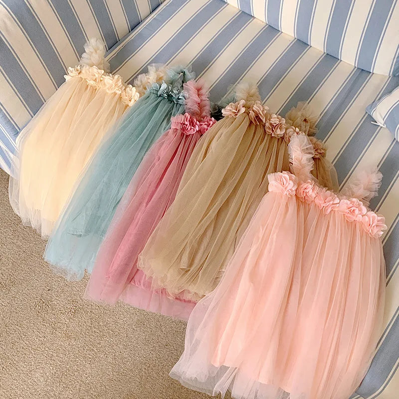 Kids Sweet Mesh Dress 1-6T Summer Children Mesh Tulle Princess Slip Tutu Dresses Girls 6 Colors 3D Flower Mermaid Birthday Dress