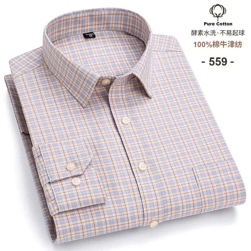 Men's Long Sleeve Plaid Oxford Shirt - 100% Cotton Button-Down