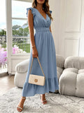 Women's Fashionable Elegant and Casual Long Ruffled Sleeves and Elegant Commuting V-neck Solid Color Pleated Splicing Slim Dress