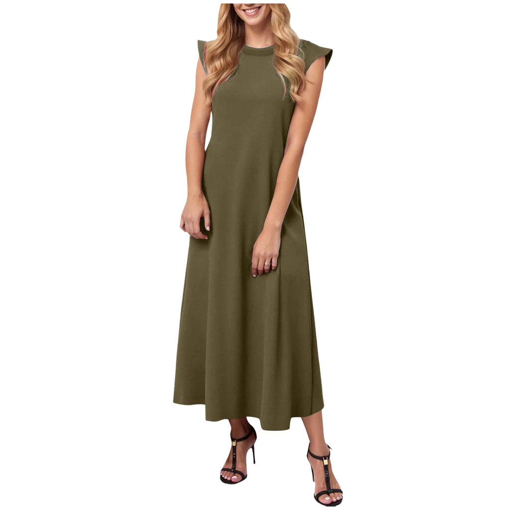 Women's Solid Color Summer Dress Flying Short Sleeve Loose Fit A Line Long Dress Casual Oversized O Neck Beach Vestidos Mujer