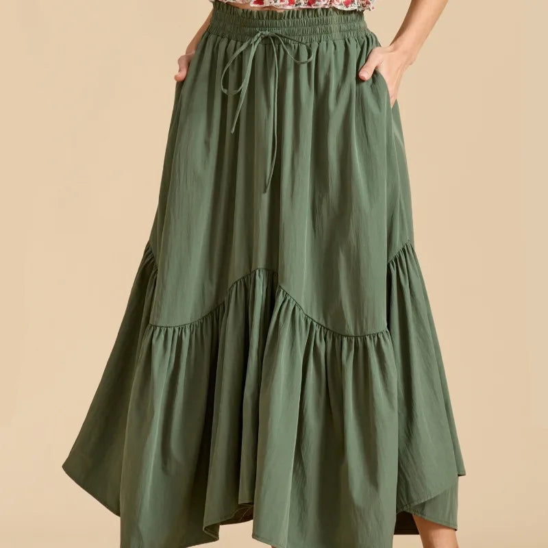 Summer Boho Maxi Skirt Women's Adjustable Drawstring High Waist Cascading Ruffles Artistic Flare European Vintage Style Sexy