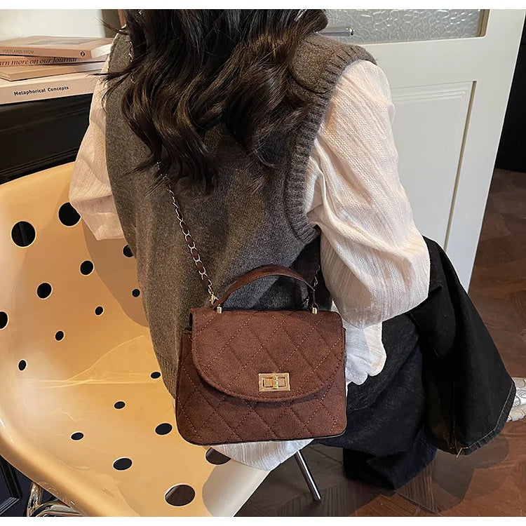 Diamond Grid Chain Crossbody Bag One Shoulder Purse Trendy Flip Top Clutch Women's Fashion Suede Leather Casual Shoulder Bag