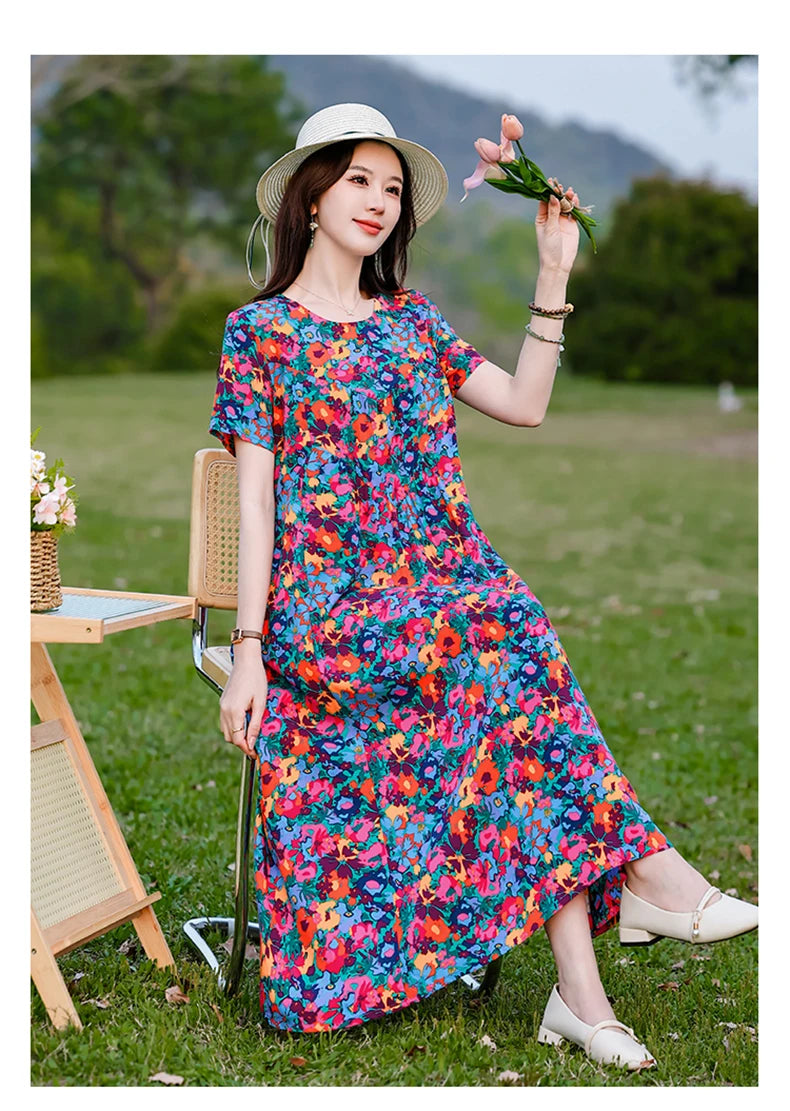 New Print plus size 2026 New Fashion Floral Printed Summer Dress Vestidos Elegant Short Sleeve Slim O-Neck Party Women clothing