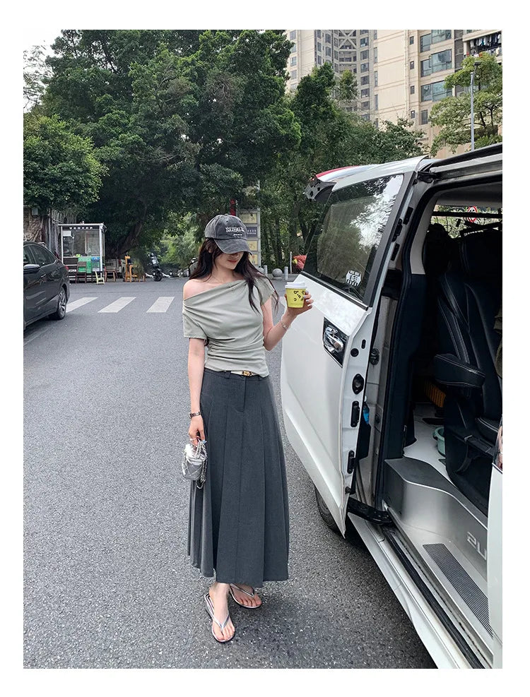 Slim Fit Short Sleeve T-Shirt Women Summer New Style Shoulder Bared Neckline Gathered Waist Elastic Band Casual Style Top
