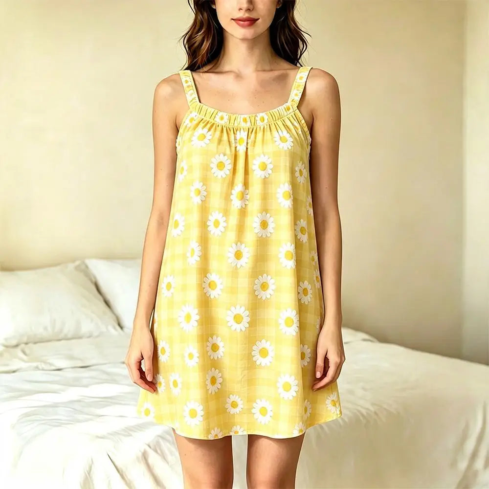 Women Summer Camisole Nightgown Sweet Daisy Plaid Print Loose Sleeveless Night Dress Soft Breathable Casual Ladies Homewear