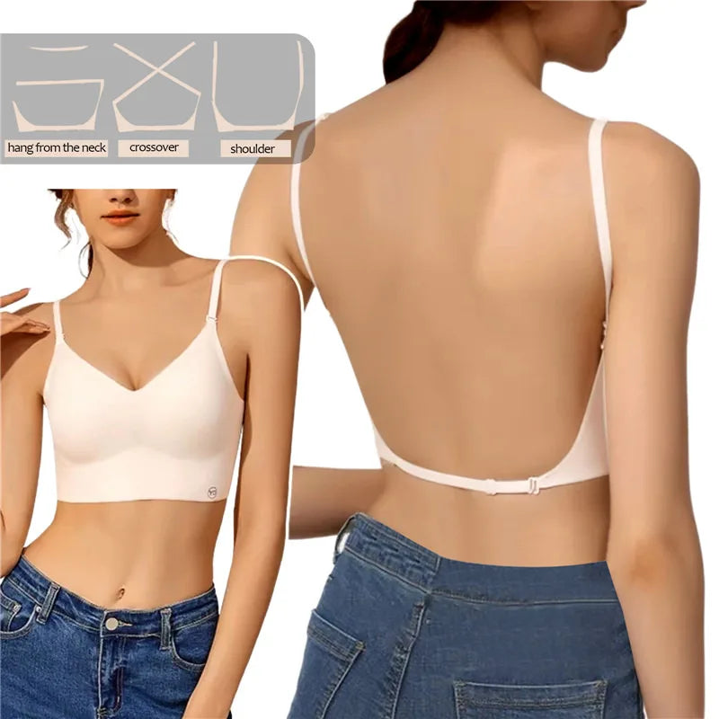 Women'S Invisible Bra Deep U Plunge Bras Backless Top For Dresses Sexy Lingerie With Transparent Strap Push Up Strapless Underwea