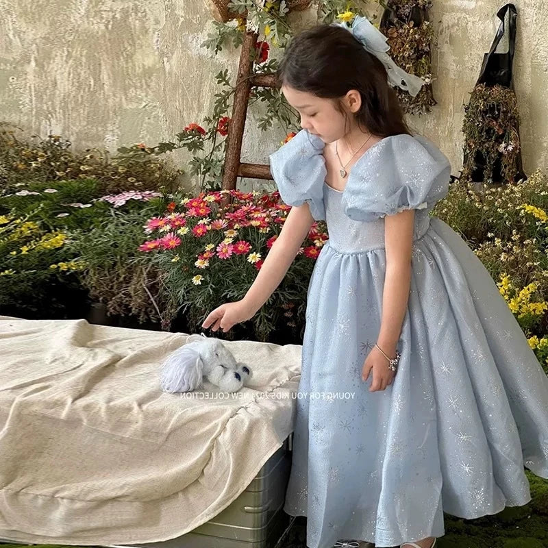In-stock summer dress with puff sleeves for girls, princess dress for older girls, pearl gauze dress