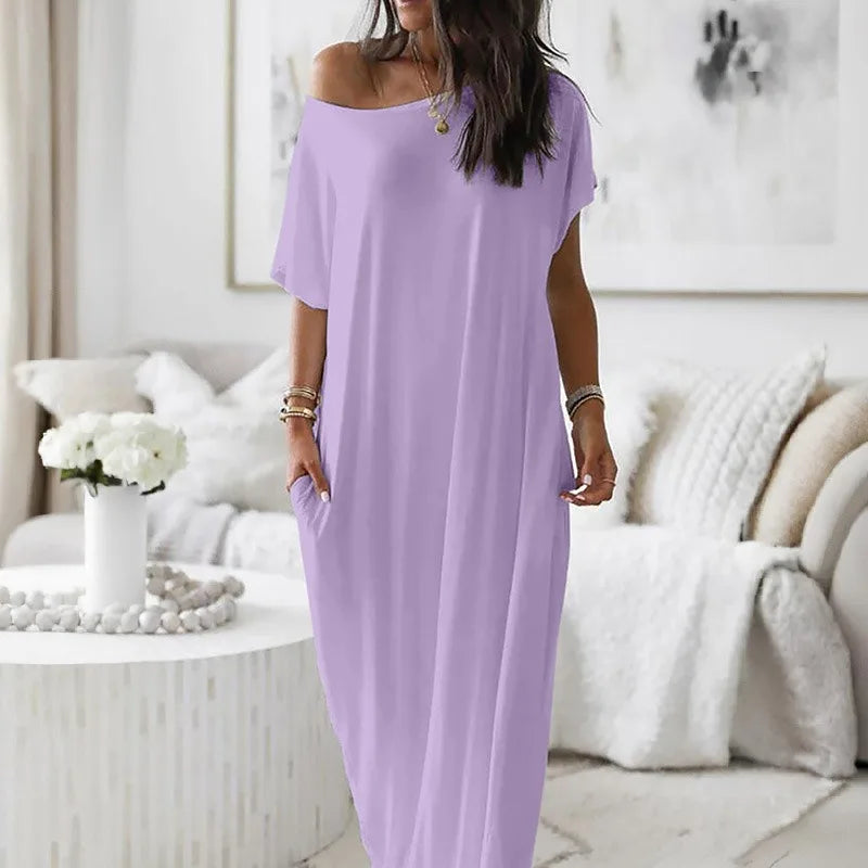 Women's Summer Solid Short Sleeve Maxi Dress Casual Loose Fit for Beach Holiday and Daily Leisure