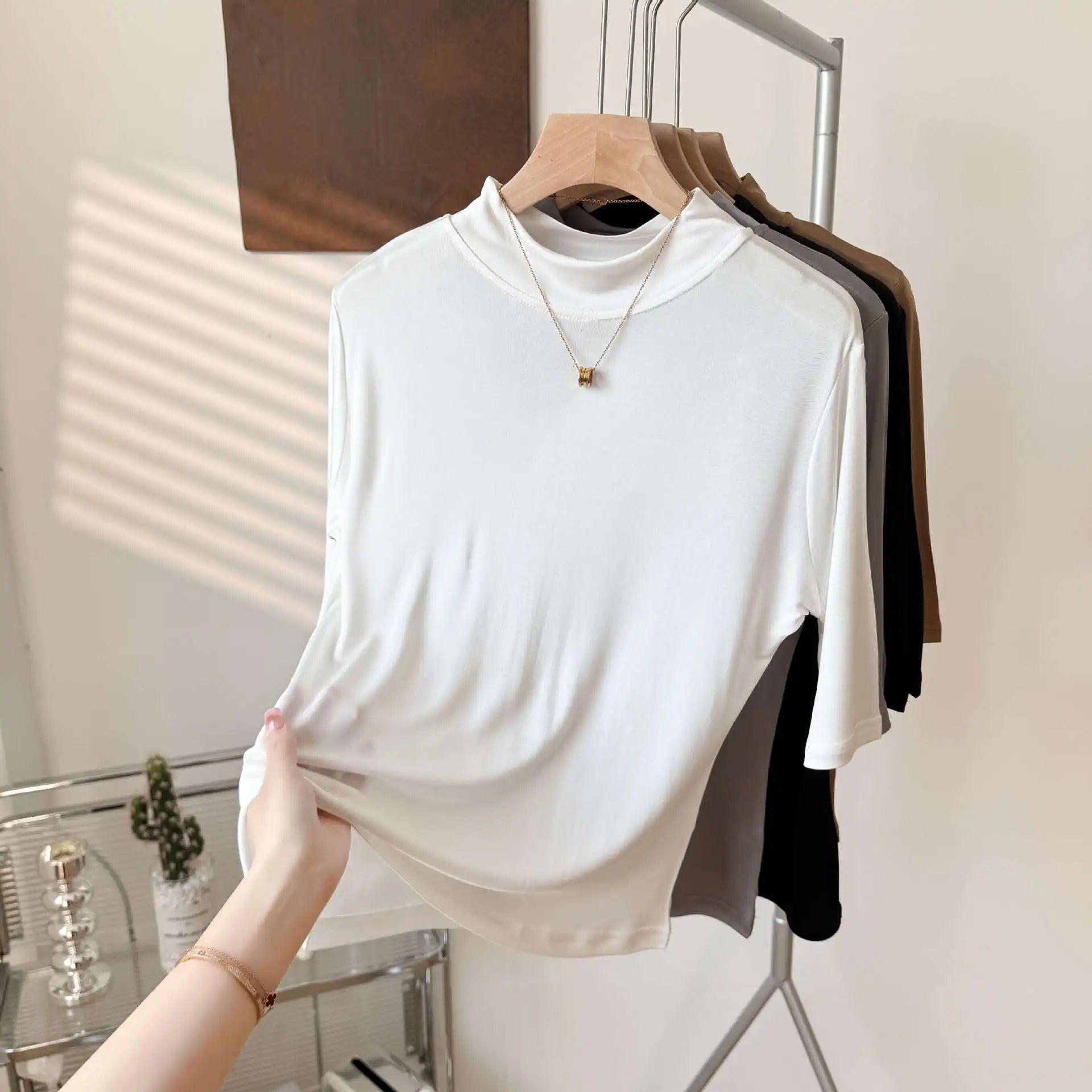 2026 Women's Spring/Summer New 100% Natural Mulberry Silk (Knitted) Basic Solid Color Half High Neck Mid Sleeve Bottom Shirt
