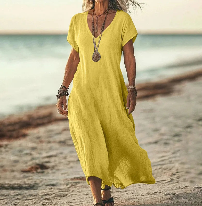 Independent Station Loose Solid Color V-neck Cotton and Linen Women's Dress