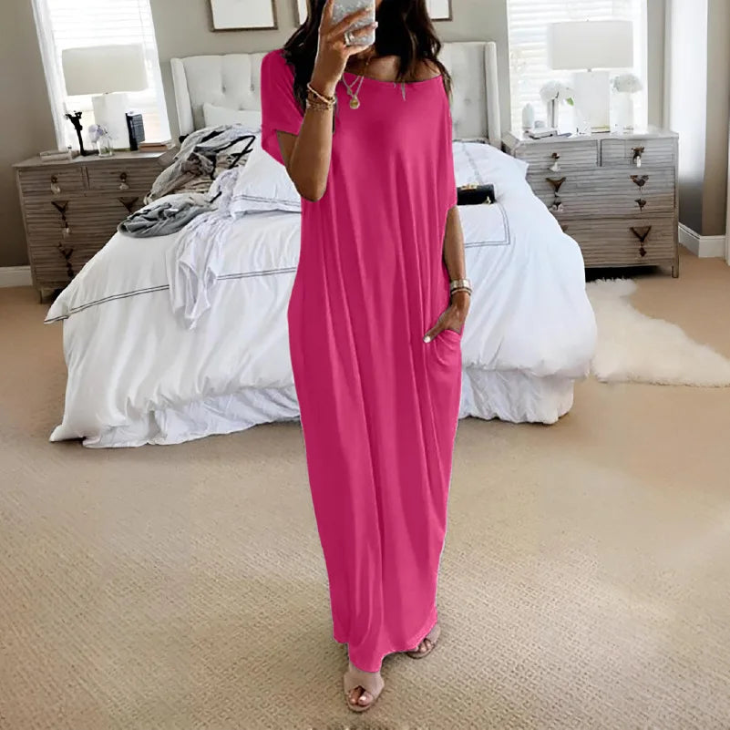 Casual Pure Color Short Sleeve Long Dress Women's Summer New Style Cross-Border TK Loose Waist Milk Fiber Straight Cut Dress