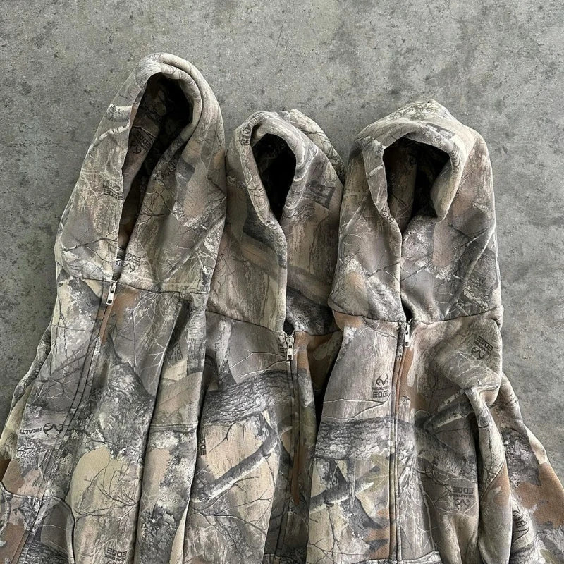 America Retro Zip up Hoodie Men Camouflage Pattern zipper Sweatshirt High Street Hip HopStreetwear Oversized Unisex Camo Hoodie