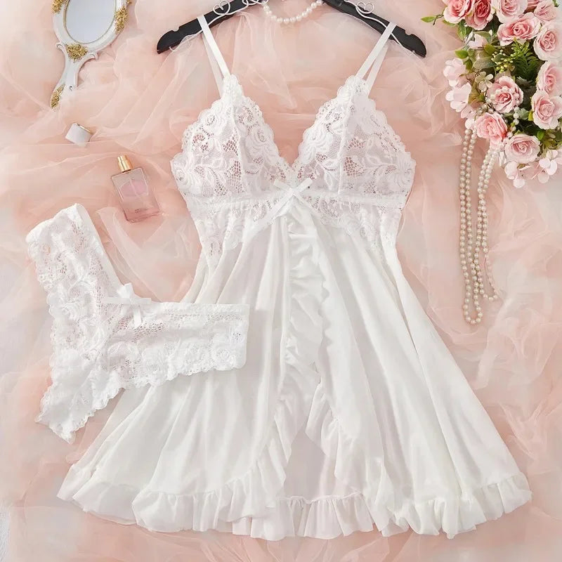 Sexy Lingerie Set Women'S Erotic Bra Nightdress Sexy Lace Sleepwear Solid Slim Soft Dresses V Neck Full Slip Sleepwear & Dresses