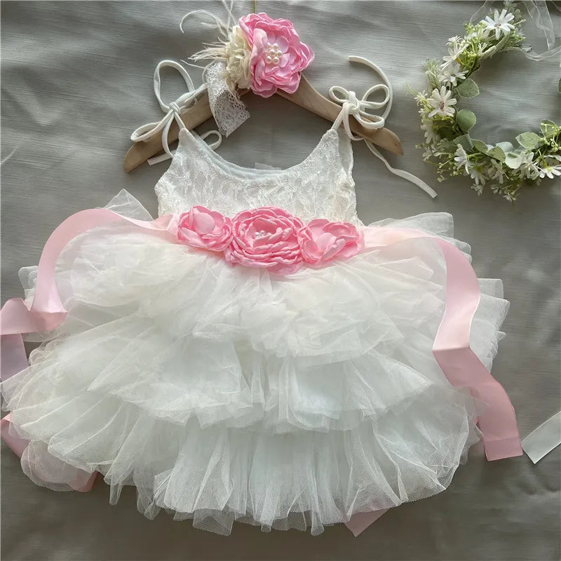 New Born Baby Girls Birthday Dress for Kids Flowers Girls Party Tutus Costume Belt Headband 3pcs Outfit Set Princess Vestidos