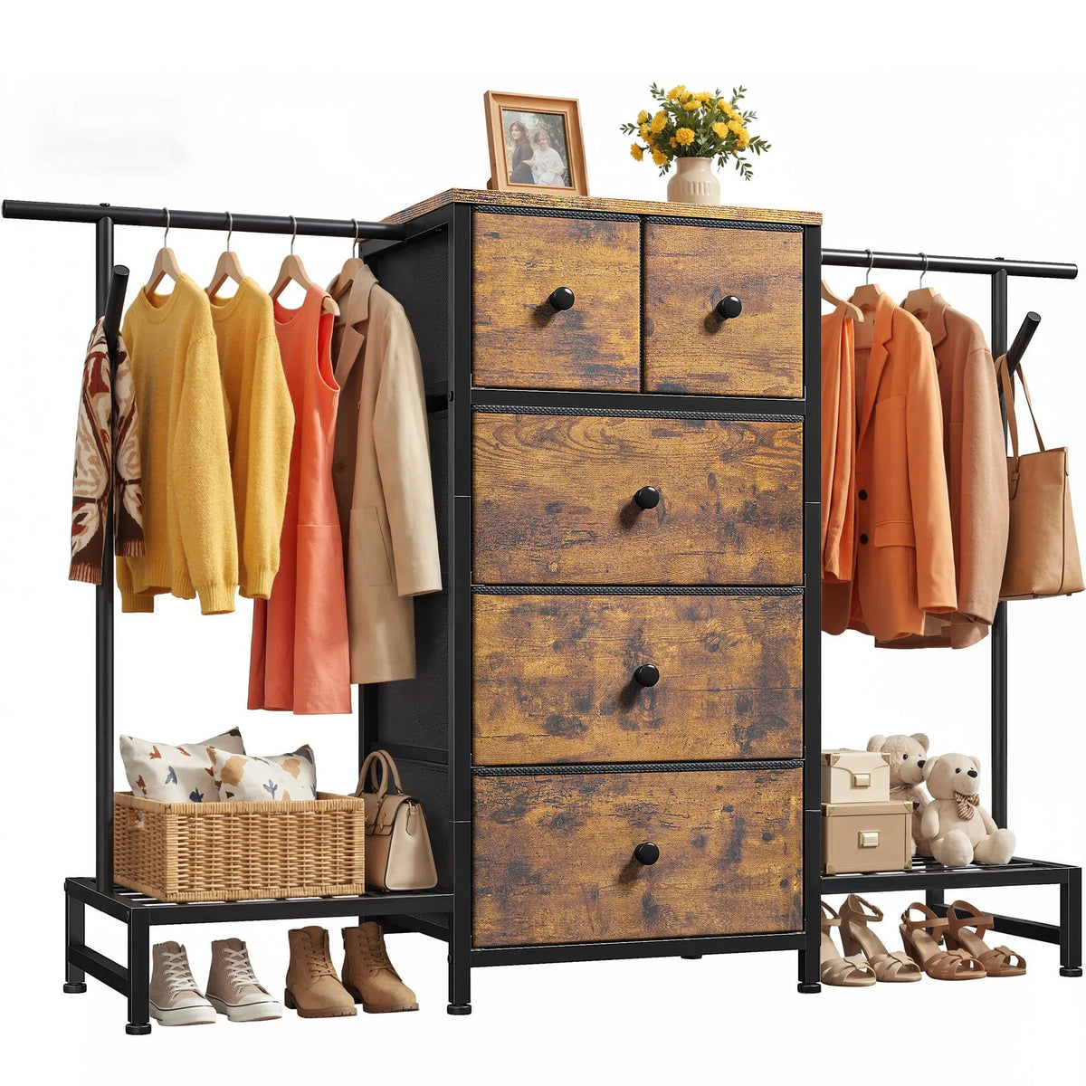 3-in-1 Dresser & Hanging Rack – 57.8" Wide with 5 Drawers & Shoe Rack, Side Hooks for Bedroom Storage and Walk-in closet