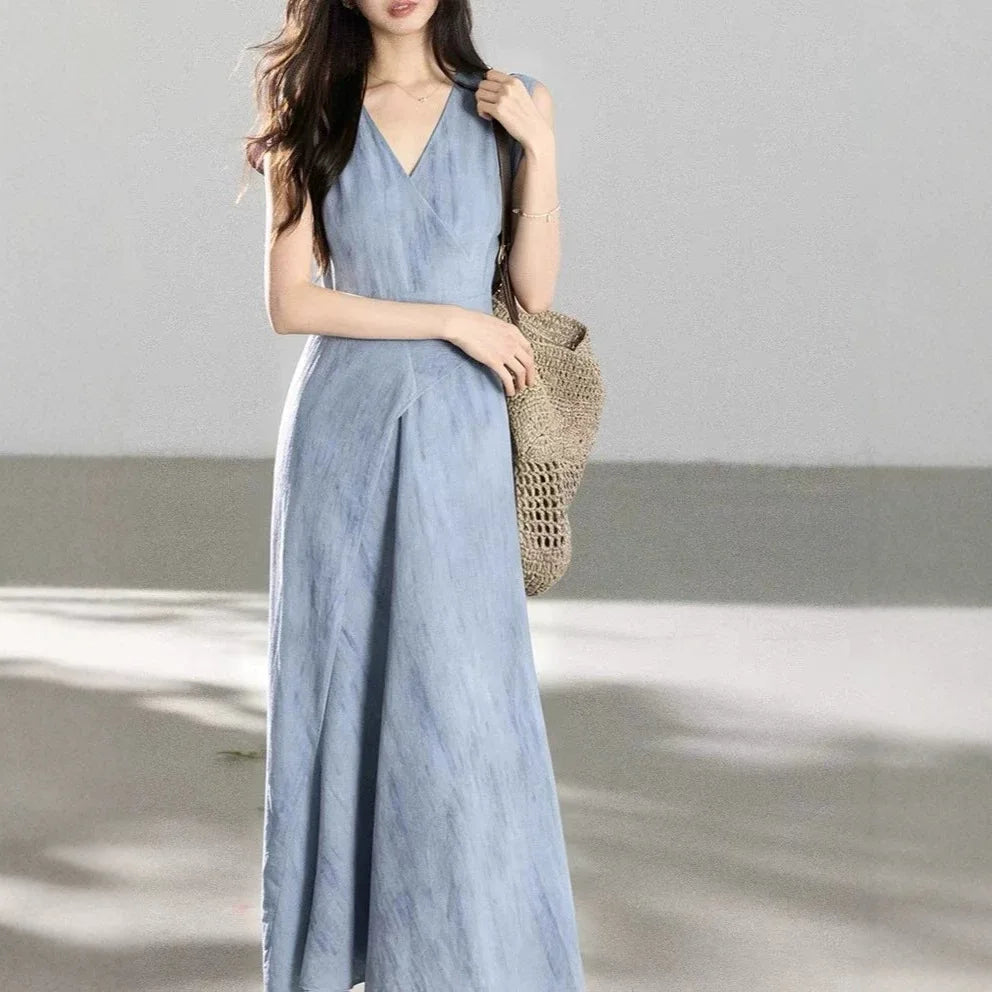 Purple Gradient V-neck Short-sleeved Uneven Hem Dress High Waist Crossed Belt Design Polyester Casual Long Dress