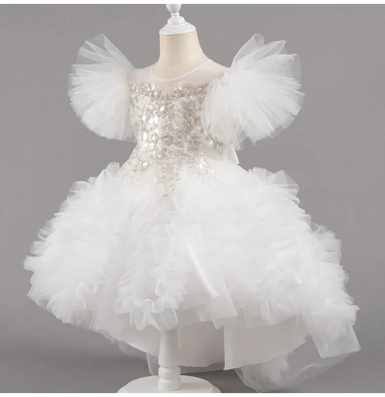 HETISO Girls Elegant Trailing White Dress Flower Appliques Kids Weddings Birthday Party Gown