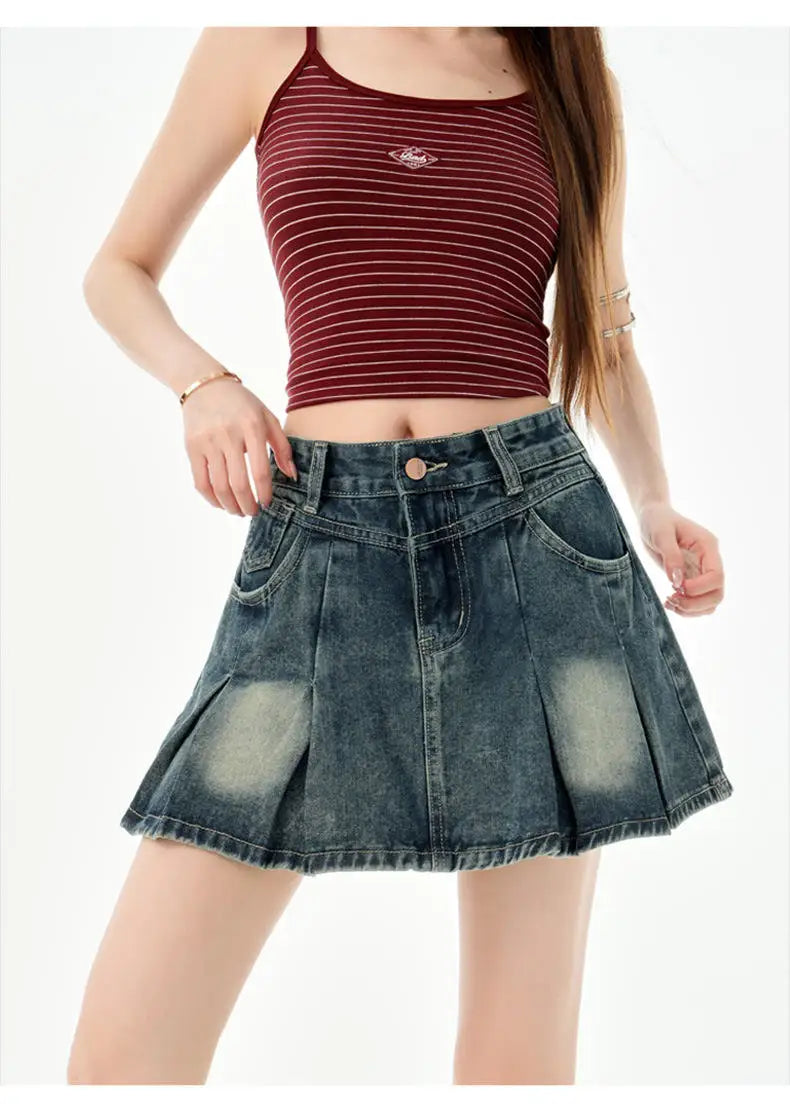 Trendy High Waist Pleated  Denim Skirt Women's Spring Summer New Lazy Style A-Line Half-length Jeans Skirts
